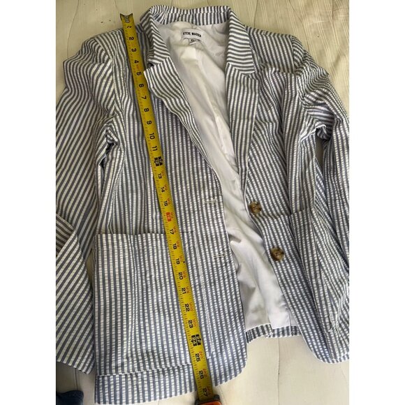 Steve Madden Blazer Womens XL Blue White Striped Seersucker Large Pocket Jacket - Picture 4 of 12